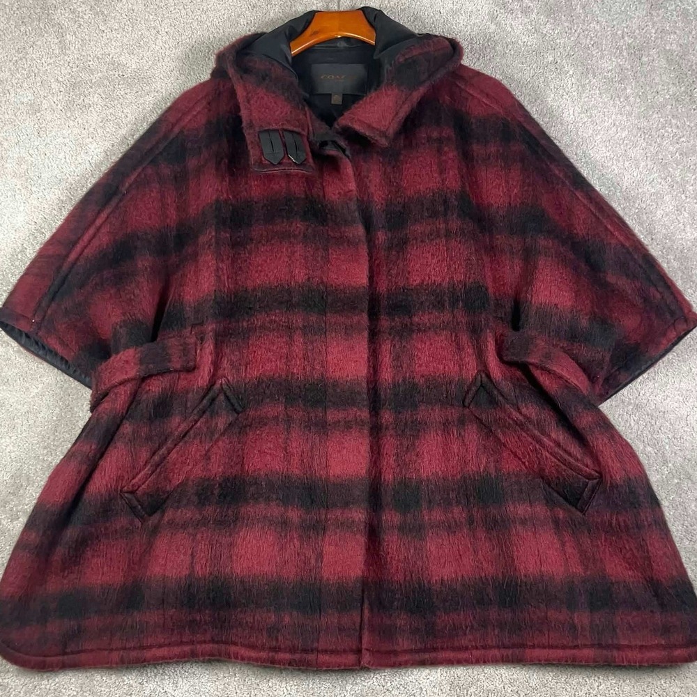 Coach Cape Coat Womens M/L Red Plaid Alpaca Wool Blend Hooded Belted Poncho - Picture 2 of 8